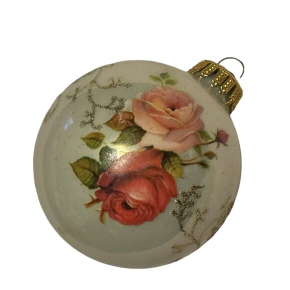 Pink Red Rose Ornament Christmas Tree Holiday Glitter Glass West Germany Krebs - Picture 1 of 5